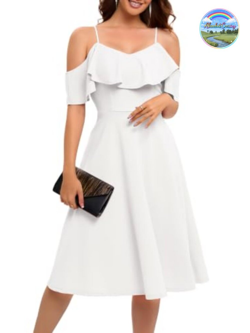 Off Shoulder Cocktail Dress with Spaghetti Straps Fit and Flare A-line Midi